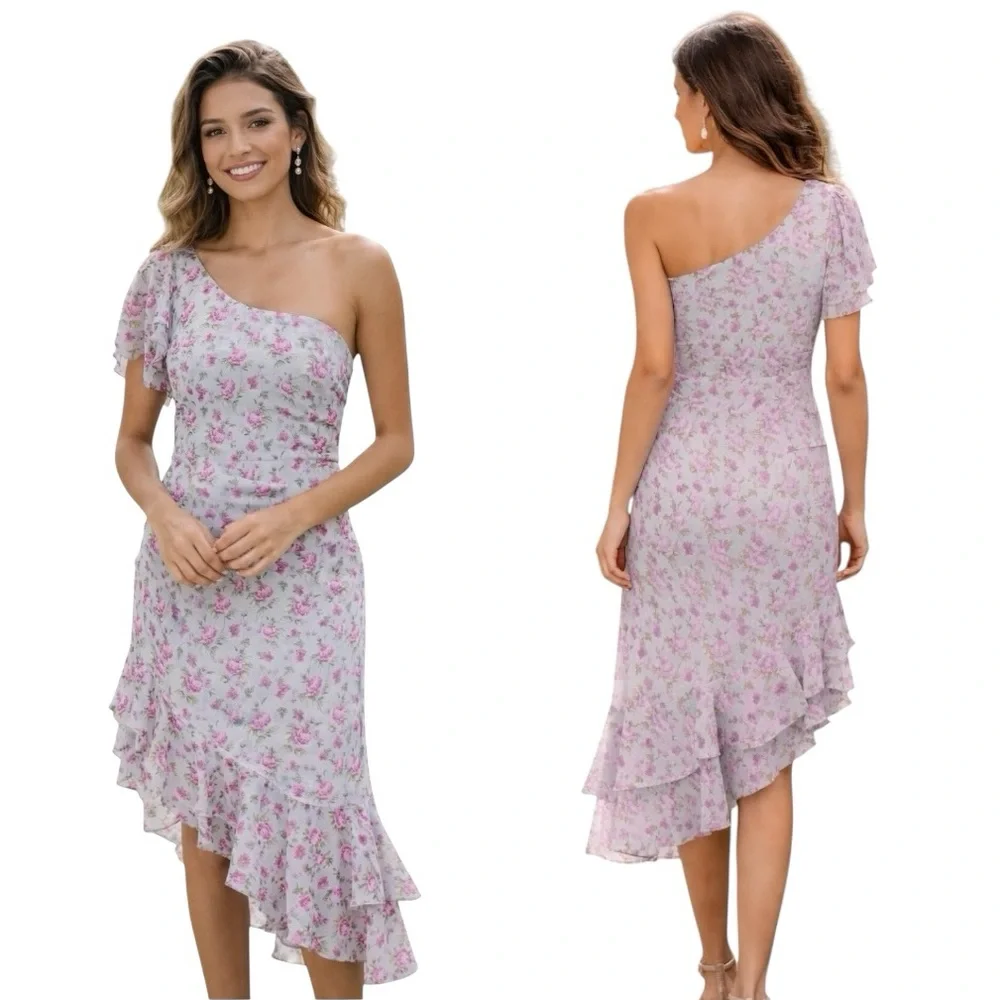 ASTR The Label Lisa Floral One-Shoulder Ruffle Midi Dress Size M NWOT Cottage